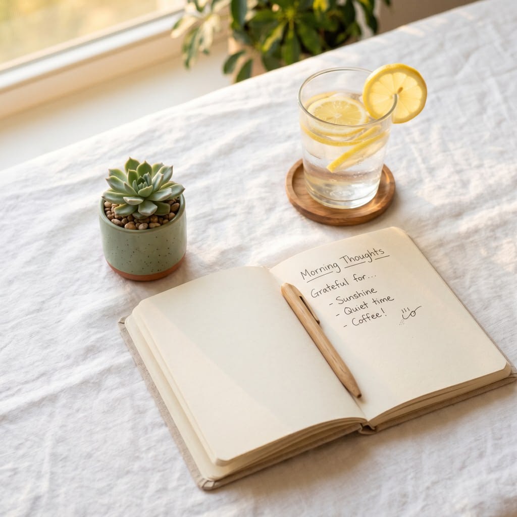 Handwritten workout journal open beside a water bottle on a morning kitchen table
